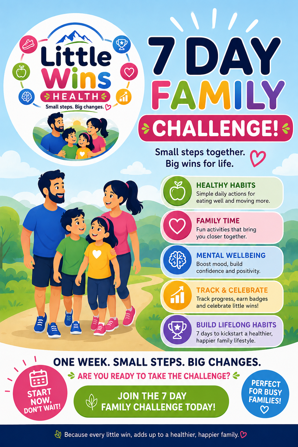 7 Day Family Challenge poster — small steps together, big wins for life