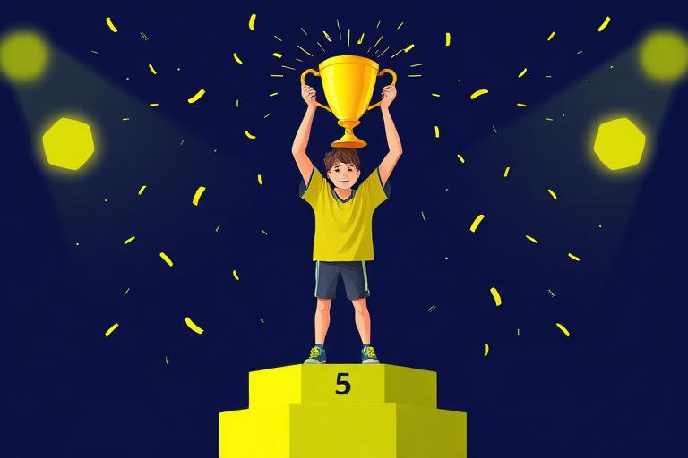 Young hero lifting a trophy on a podium