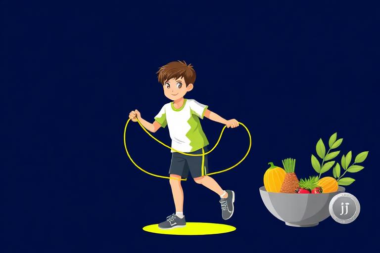 Kid skipping with a bowl of fruit, training level unlocked